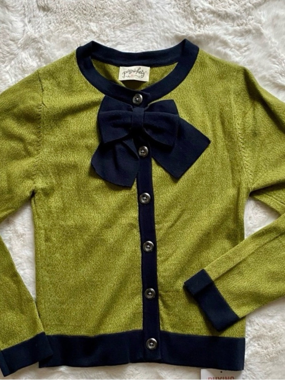 Persnickety Green Cardigan with Black Trim and Bow - Picture 2 of 3